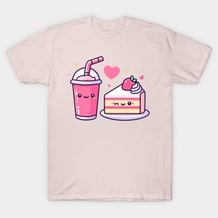 Strawberry Lover | Cute Kawaii Strawberry Milkshake and Cake with Hearts T-Shirt